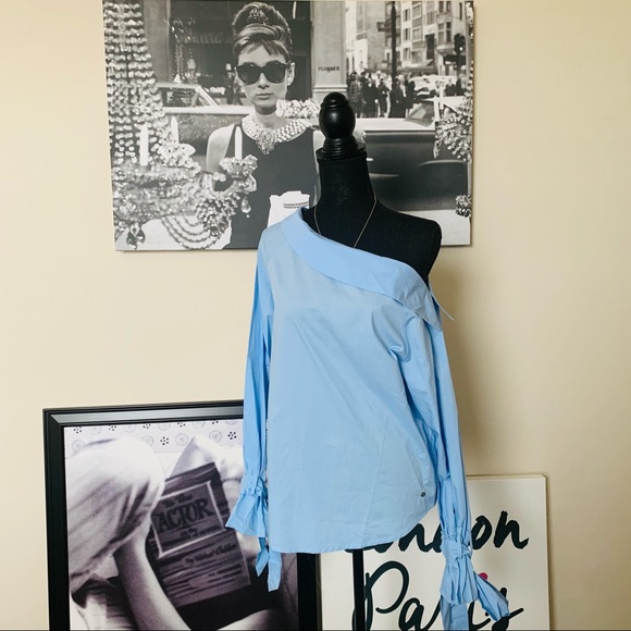 Blue Cold Shoulder Shirt w/ Laced Cuffs - Picture 7 of 11